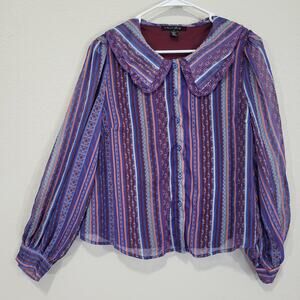 A Love Story Blouse Women Medium Striped Collar Shimmer Long Sleeve Sheer Ruffle
